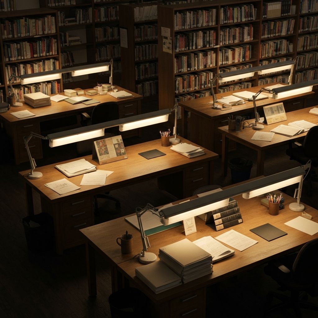 Institutional research environment featuring educational materials, books, and study resources in professional setting