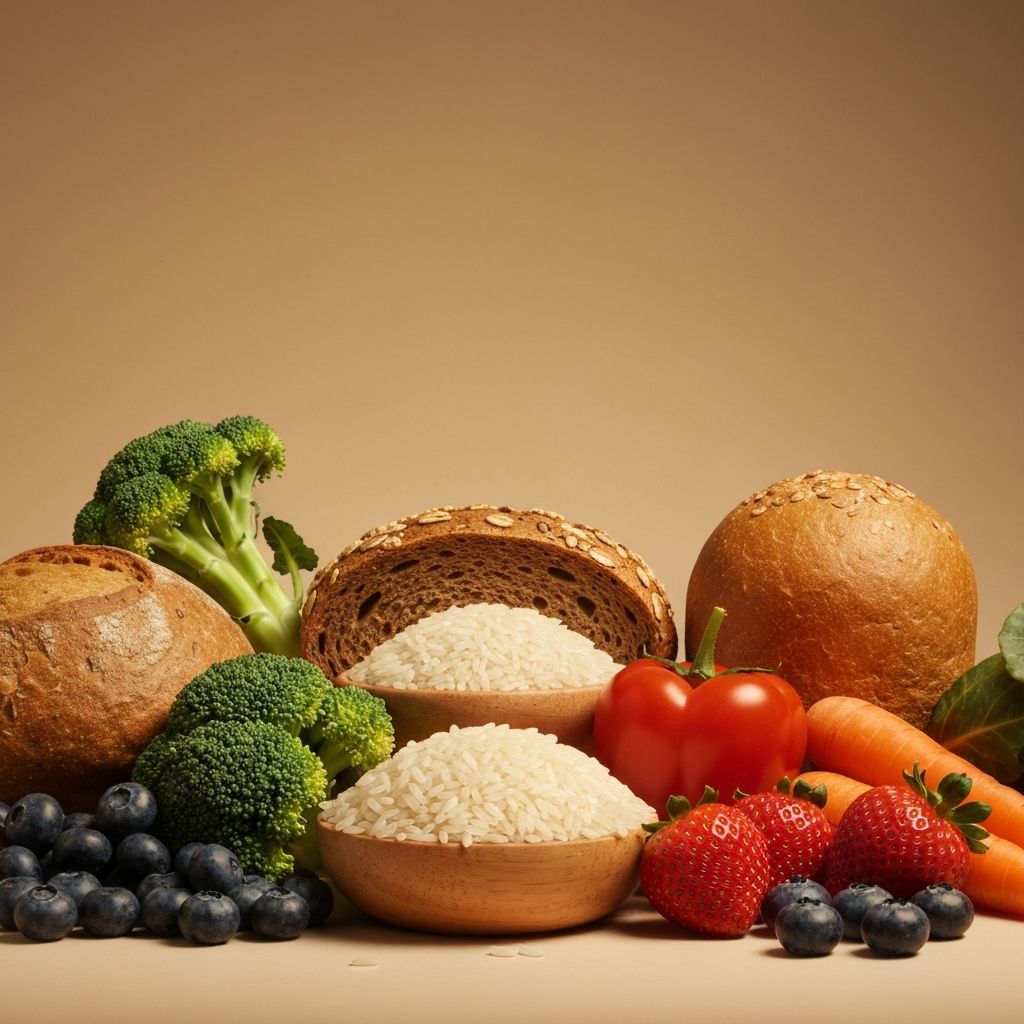 Collection of complex carbohydrate sources including whole grains, vegetables, and fruits