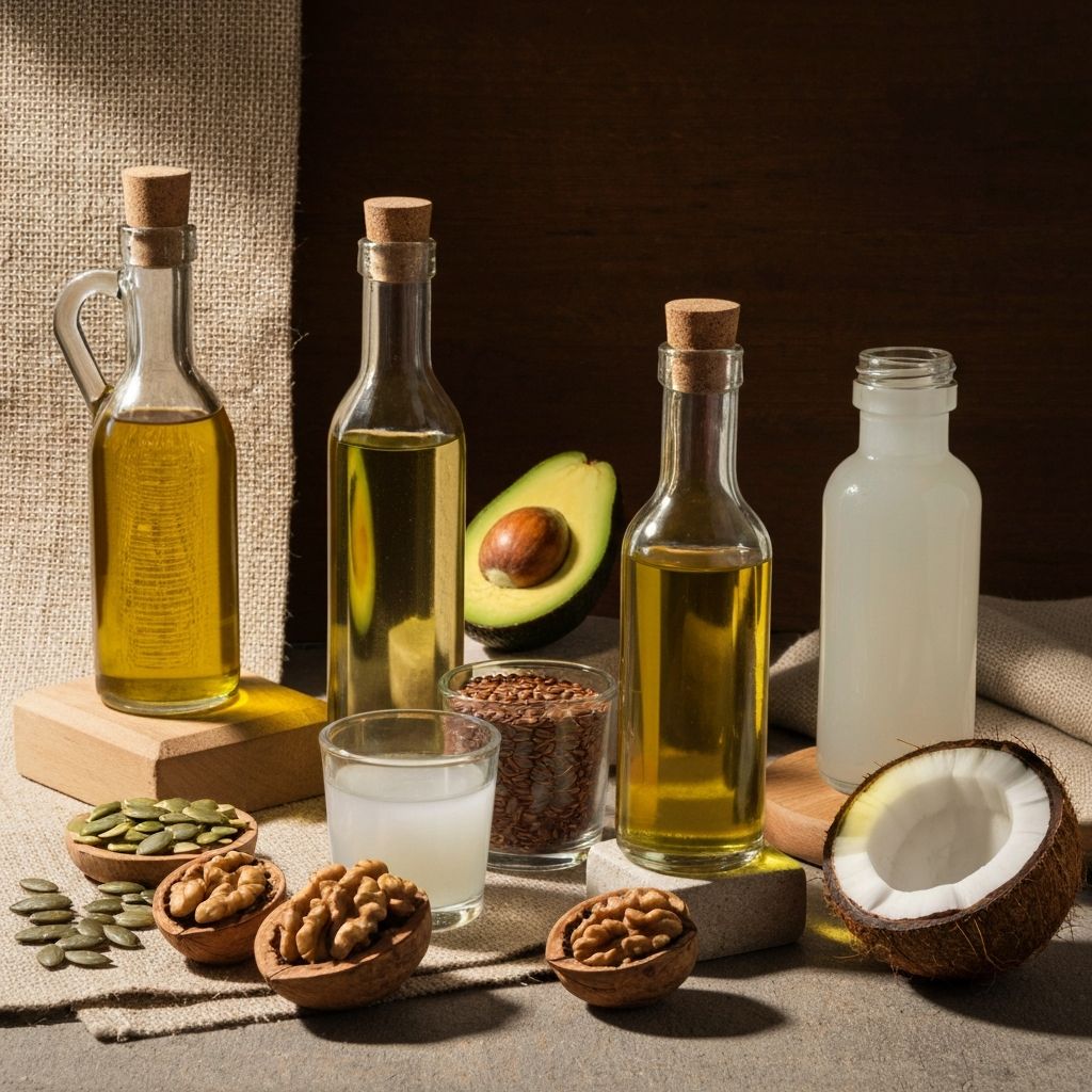 Healthy fat sources displayed artistically including olive oil, avocado, nuts, seeds, and fish