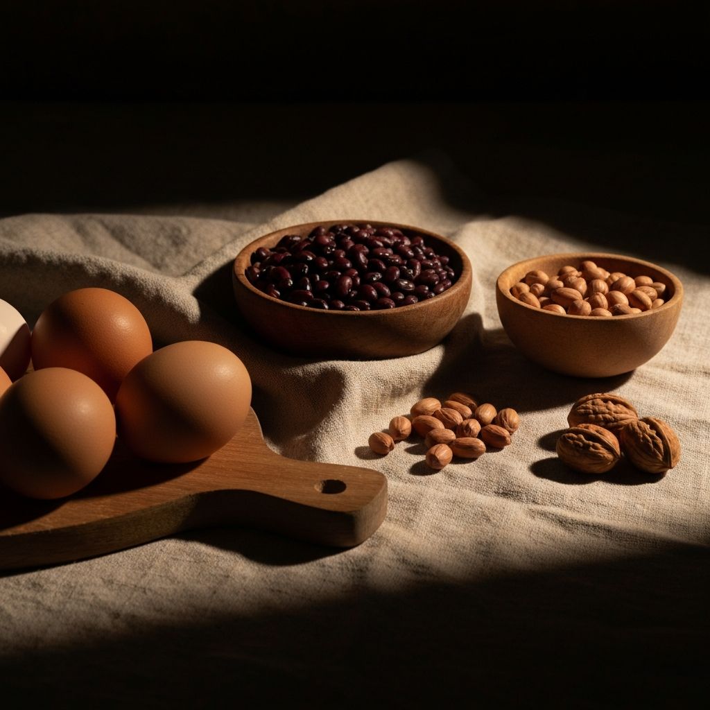 Variety of protein-rich foods including eggs, legumes, and nuts arranged on a light background
