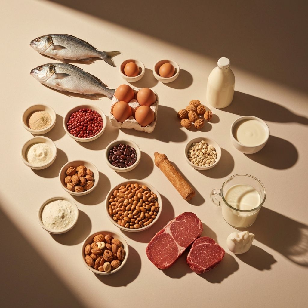Array of animal-based protein sources including lean meat, fish, eggs, and dairy products
